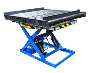 gravity-conveyor-on-power-lift-hand-operated-turn-table-with-hand-adjustable-end-stop