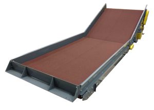 floor to floor slider bed conveyor with power feeder rough top belt with v-guide