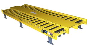 Motorized Roller Conveyor Carrying Pallets for Appliance Assembly