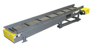 cleated hinged steel belt conveyor - 6" flared siderail   - feed mounted on fork lift slots